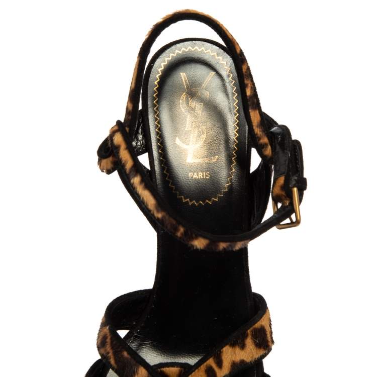 مملوكة مسبقًا Yves Saint Laurent Beige/Brown Leopard Print Calf Hair And Suede Tribute Platform Ankle Strap Sandals Size 38.5
