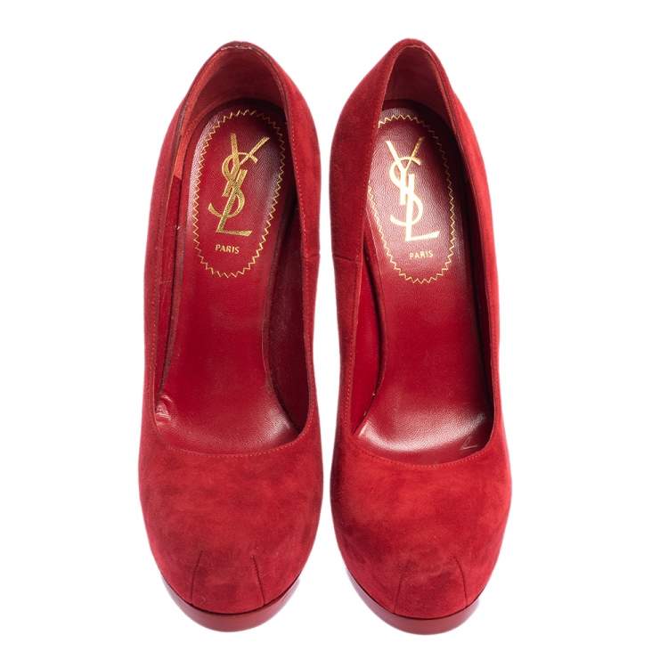 Pre Owned Yves Saint Laurent Red Suede Tribtoo Platform Pumps Size 36.5