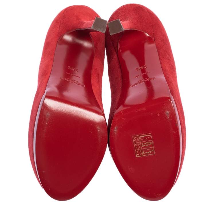 Pre Owned Yves Saint Laurent Red Suede Tribtoo Platform Pumps Size 36.5