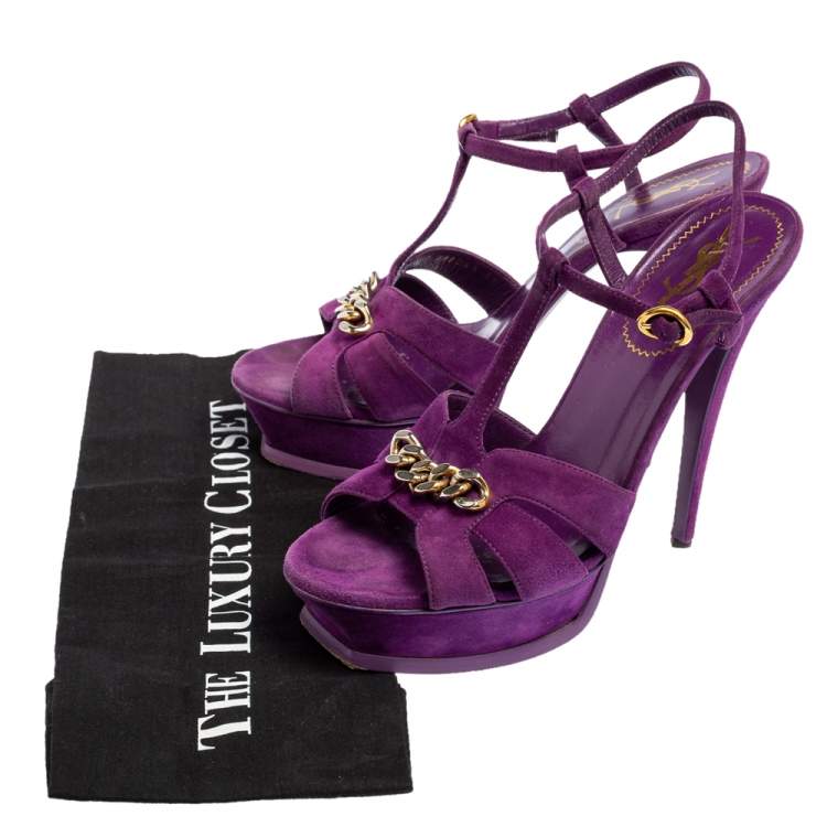 Pre Owned  Yves Saint Laurent Purple Suede Tribute Chain Detail Platform Sandals Size 39