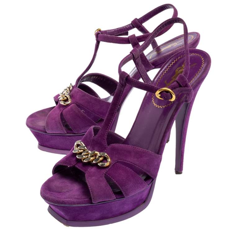 Pre Owned  Yves Saint Laurent Purple Suede Tribute Chain Detail Platform Sandals Size 39