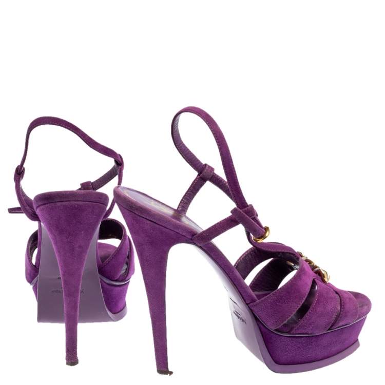 Pre Owned  Yves Saint Laurent Purple Suede Tribute Chain Detail Platform Sandals Size 39