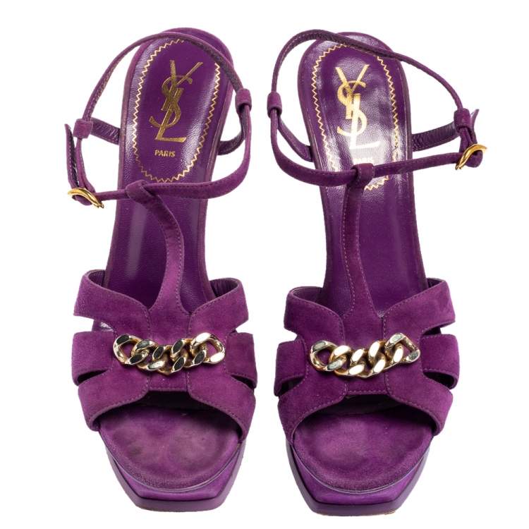 Pre Owned  Yves Saint Laurent Purple Suede Tribute Chain Detail Platform Sandals Size 39