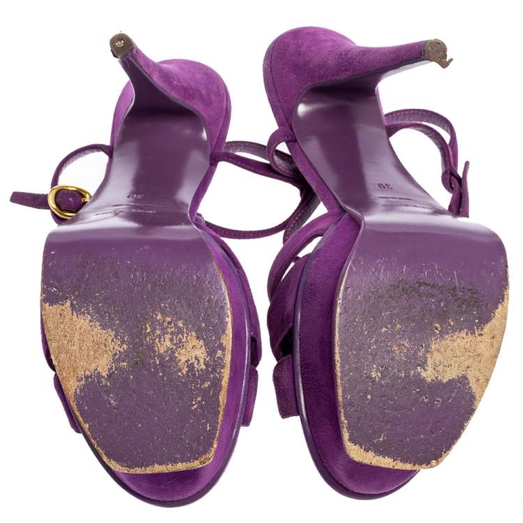 Pre Owned  Yves Saint Laurent Purple Suede Tribute Chain Detail Platform Sandals Size 39