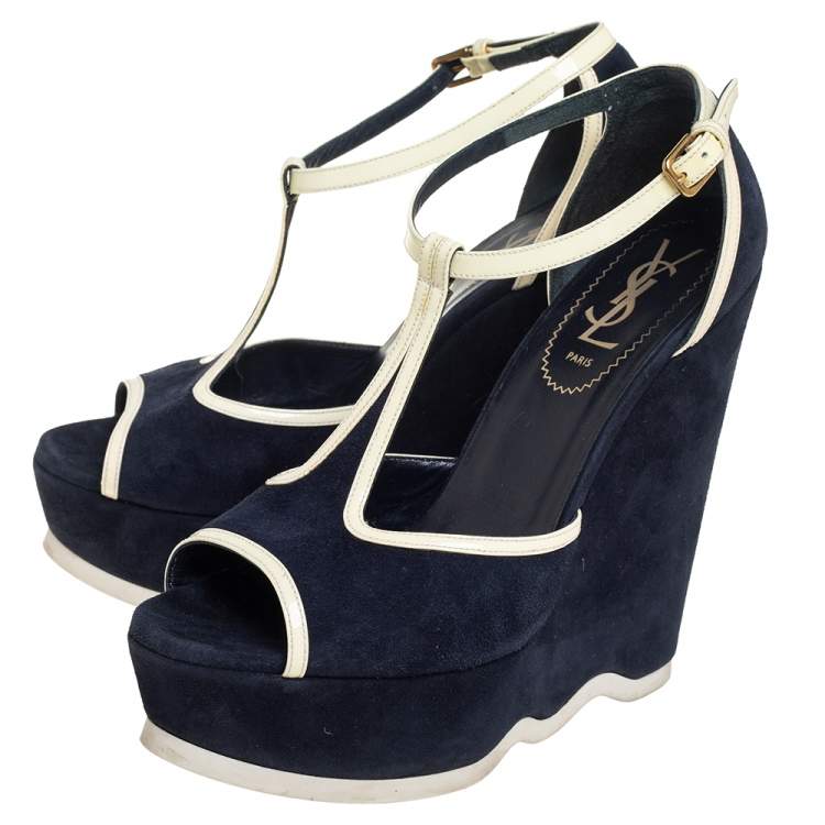 Pre Owned Yves Saint Laurent Navy Blue Suede And Patent Leather Riviera T Strap Platform Wedge Sandals Size 38