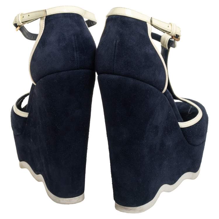 Pre Owned Yves Saint Laurent Navy Blue Suede And Patent Leather Riviera T Strap Platform Wedge Sandals Size 38