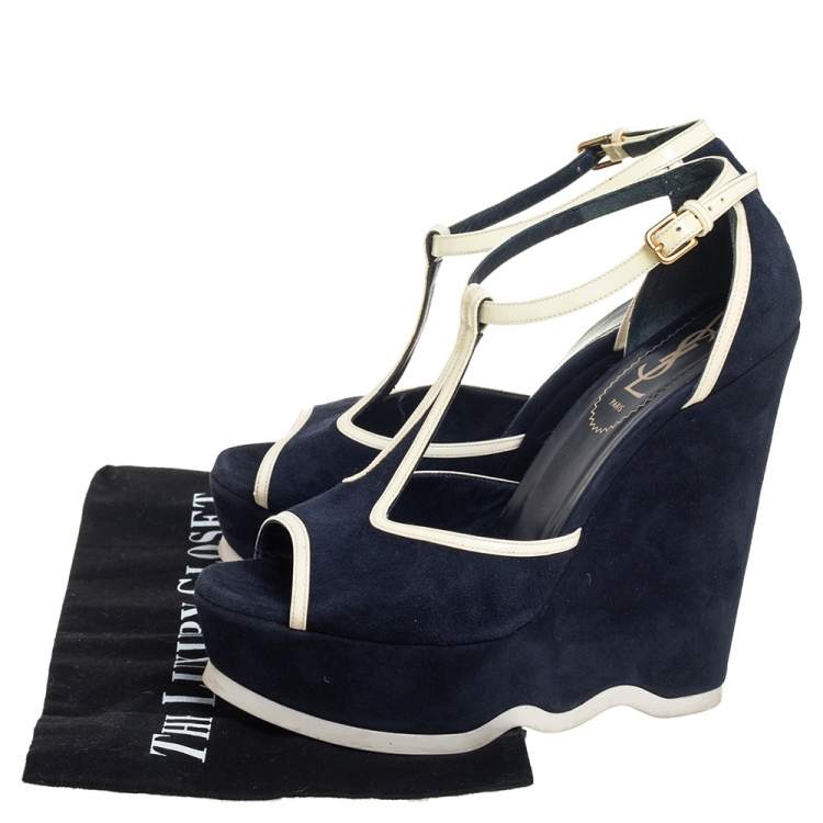 Pre Owned Yves Saint Laurent Navy Blue Suede And Patent Leather Riviera T Strap Platform Wedge Sandals Size 38