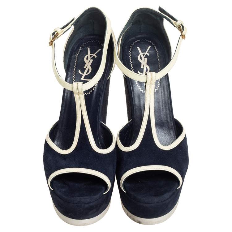 Pre Owned Yves Saint Laurent Navy Blue Suede And Patent Leather Riviera T Strap Platform Wedge Sandals Size 38