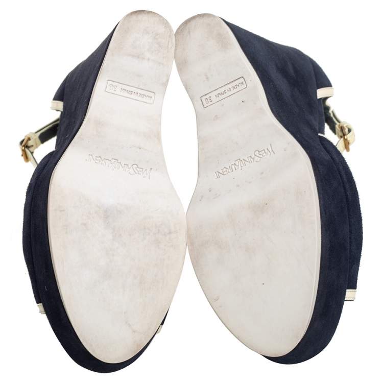 Pre Owned Yves Saint Laurent Navy Blue Suede And Patent Leather Riviera T Strap Platform Wedge Sandals Size 38
