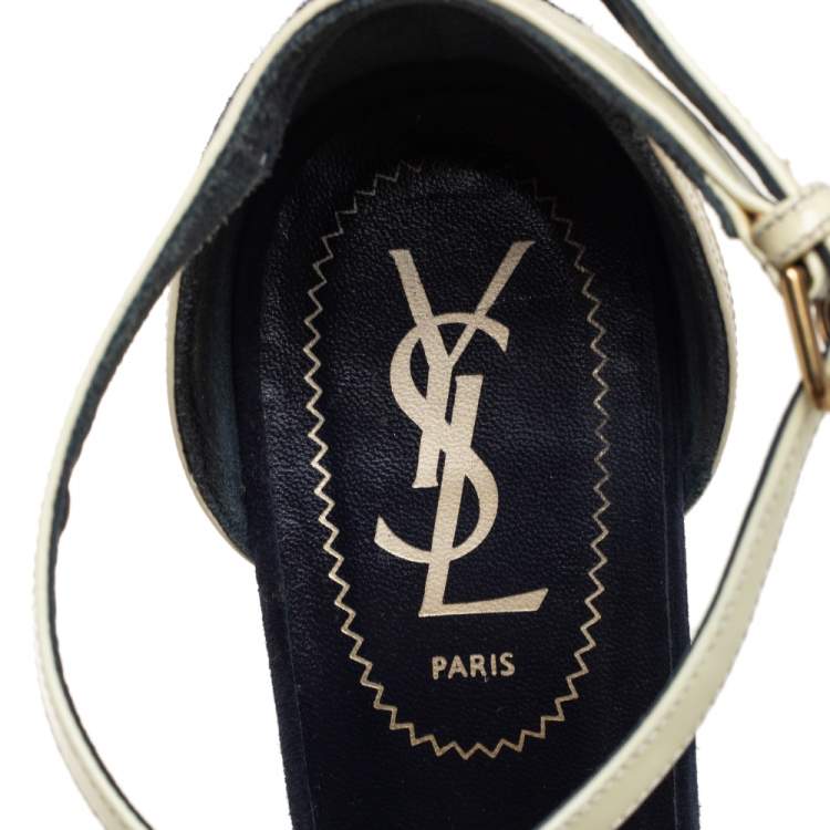 Pre Owned Yves Saint Laurent Navy Blue Suede And Patent Leather Riviera T Strap Platform Wedge Sandals Size 38