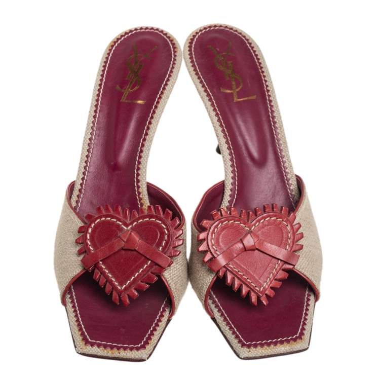 مملوكة مسبقًا Yves Saint Laurent Vintage Beige/Red Canvas And Leather Love Slide Sandals Size 41