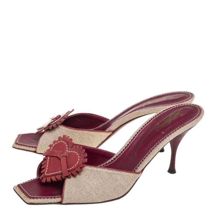 مملوكة مسبقًا Yves Saint Laurent Vintage Beige/Red Canvas And Leather Love Slide Sandals Size 41
