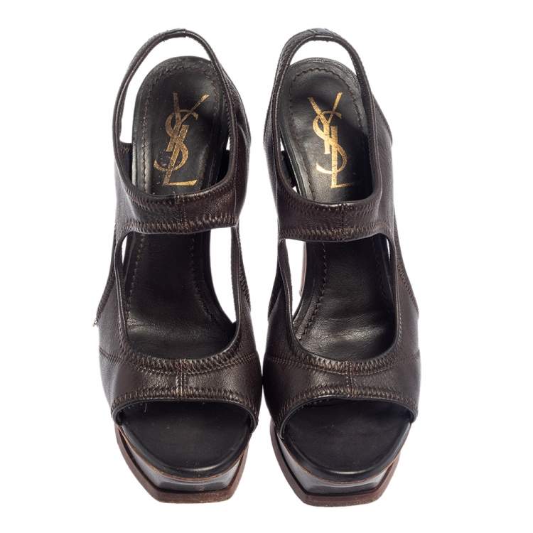 Pre Owned Yves Saint Laurent Dark Brown Soft Leather Platform Sandals Size 37.5
