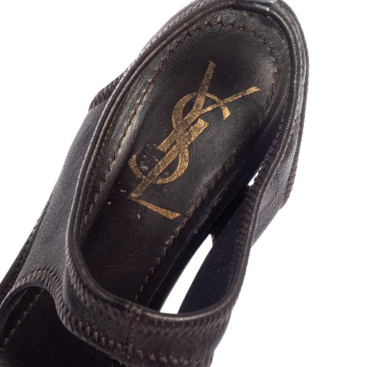 Pre Owned Yves Saint Laurent Dark Brown Soft Leather Platform Sandals Size 37.5