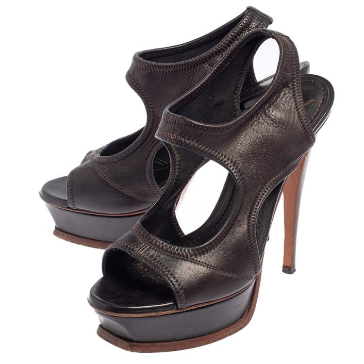 Pre Owned Yves Saint Laurent Dark Brown Soft Leather Platform Sandals Size 37.5