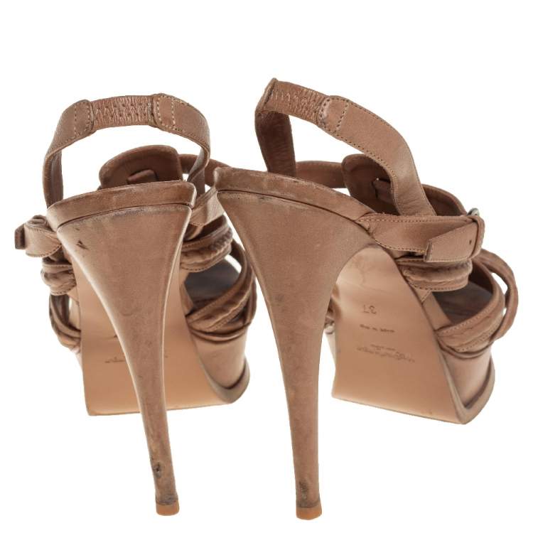 Pre Owned Yves Saint Laurent Beige Braided Leather Hamptons Platform Sandals Size 37