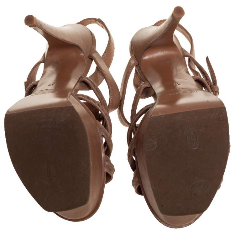 Pre Owned Yves Saint Laurent Beige Braided Leather Hamptons Platform Sandals Size 37