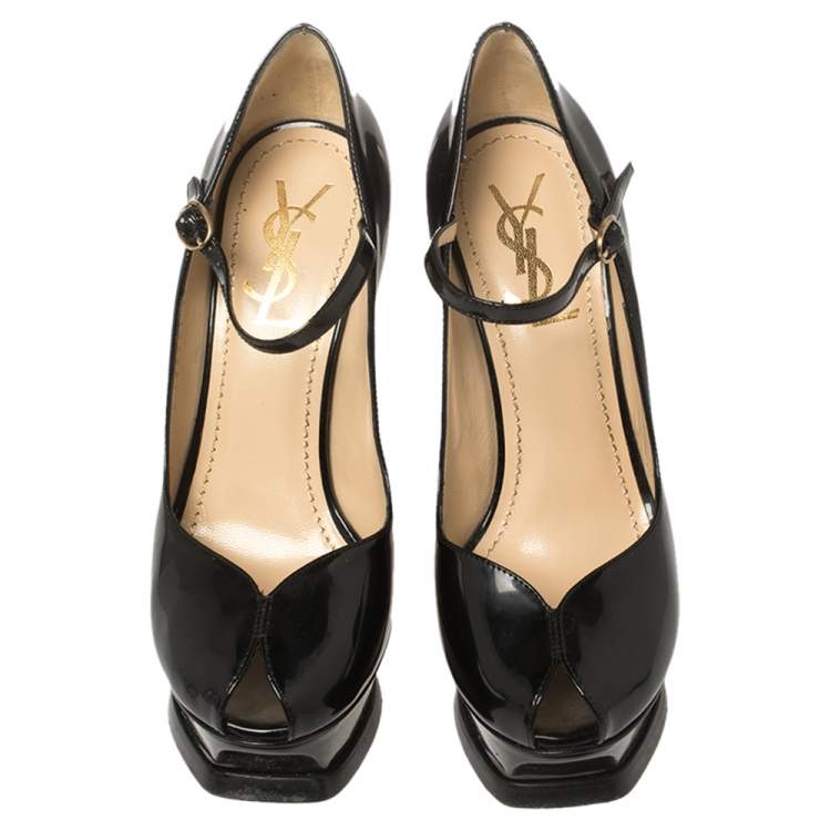Pre Owned Yves Saint Laurent Black Patent Leather Peep Toe Platform Mary Jane Pumps Size 36