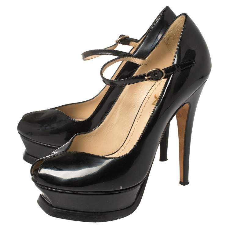 Pre Owned Yves Saint Laurent Black Patent Leather Peep Toe Platform Mary Jane Pumps Size 36