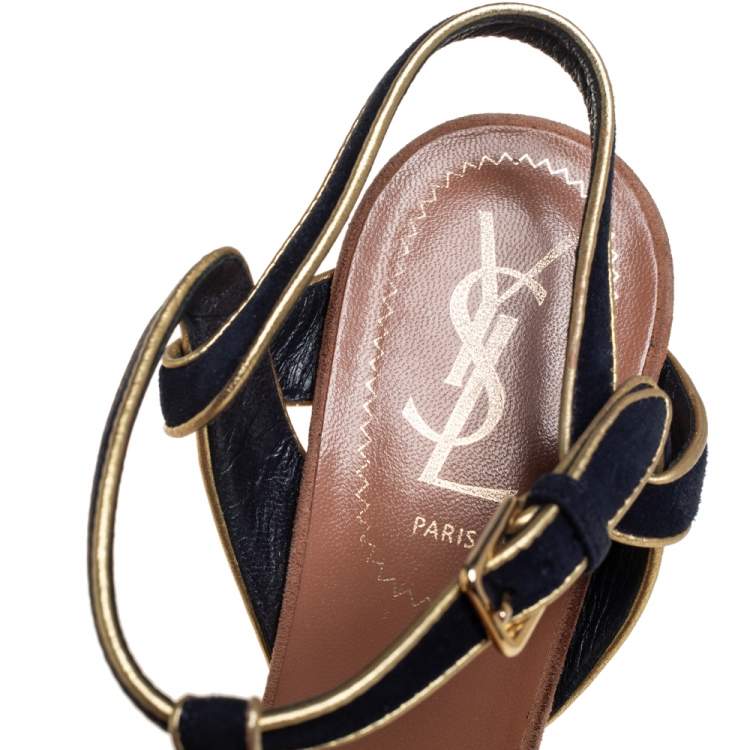 Pre Owned Yves Saint Laurent Black/Gold Suede And Leather Tribute Platform Ankle Strap Sandals 37.5 