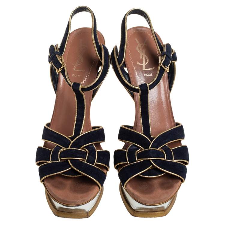 Pre Owned Yves Saint Laurent Black/Gold Suede And Leather Tribute Platform Ankle Strap Sandals 37.5 