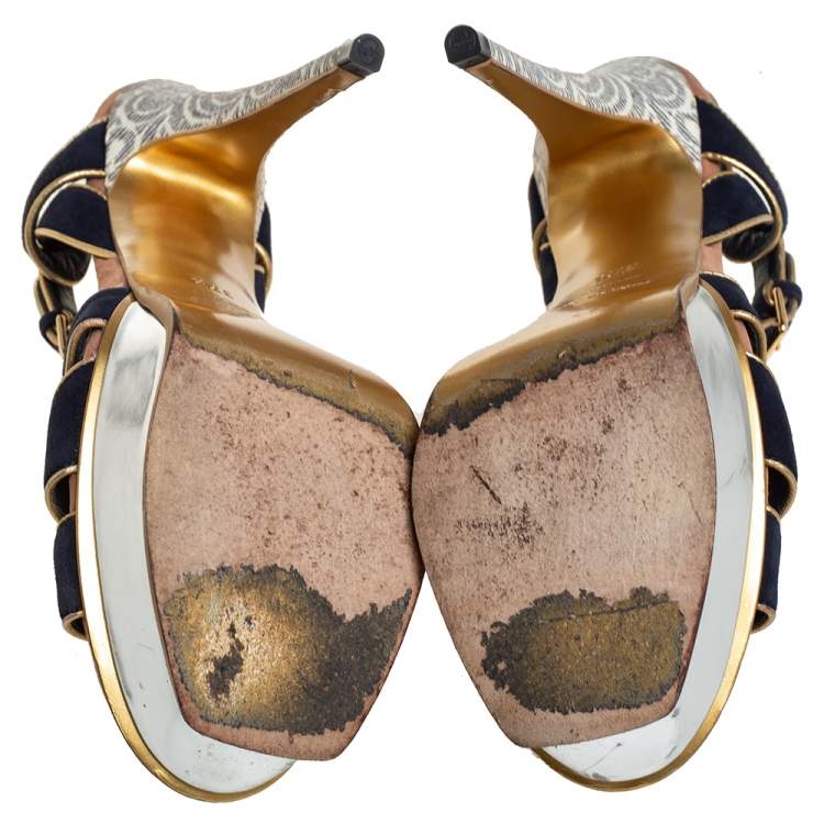 Pre Owned Yves Saint Laurent Black/Gold Suede And Leather Tribute Platform Ankle Strap Sandals 37.5 