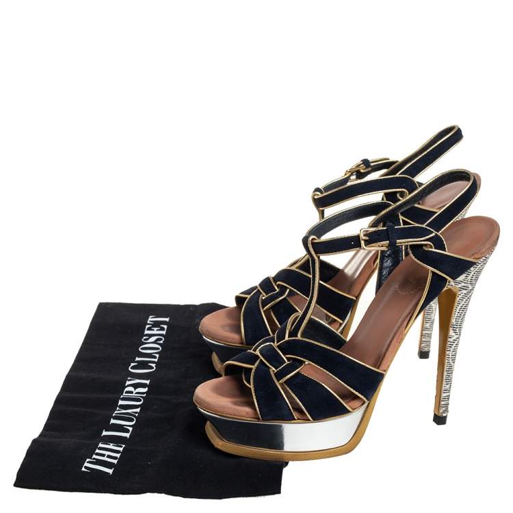 Pre Owned Yves Saint Laurent Black/Gold Suede And Leather Tribute Platform Ankle Strap Sandals 37.5 