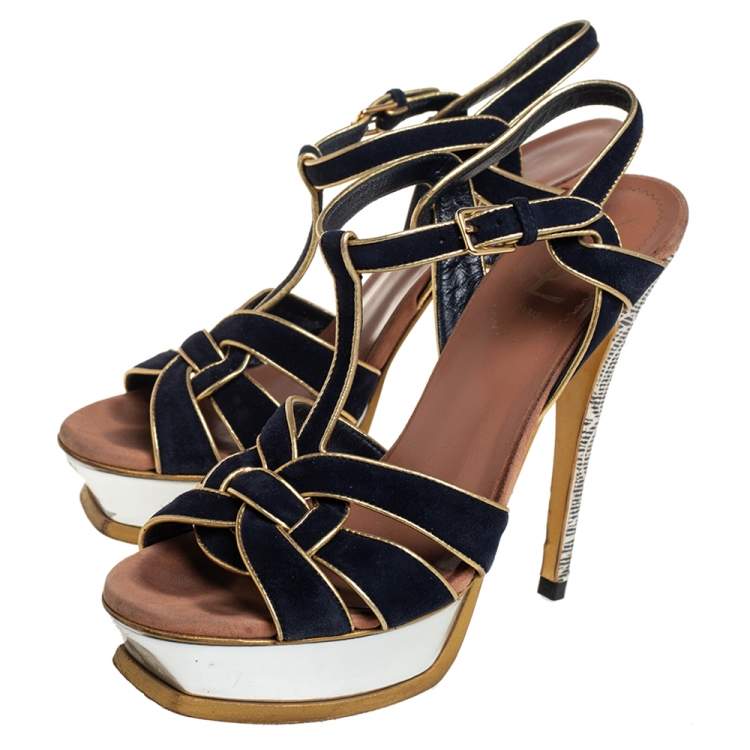 Pre Owned Yves Saint Laurent Black/Gold Suede And Leather Tribute Platform Ankle Strap Sandals 37.5 
