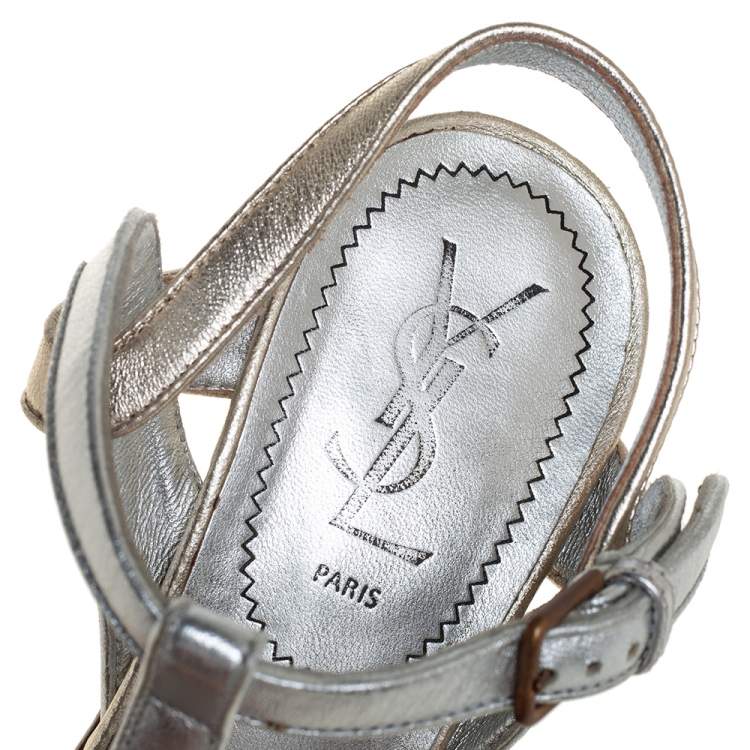 مملوكة مسبقًا Yves Saint Laurent Silver/Gold Leather Tribute Platform Ankle Strap Sandals Size 39