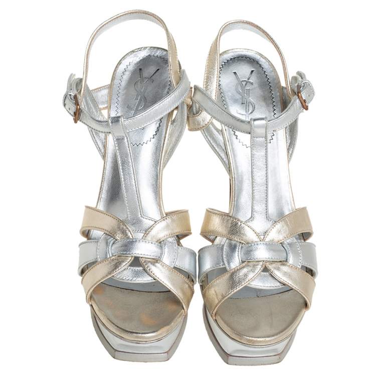 مملوكة مسبقًا Yves Saint Laurent Silver/Gold Leather Tribute Platform Ankle Strap Sandals Size 39