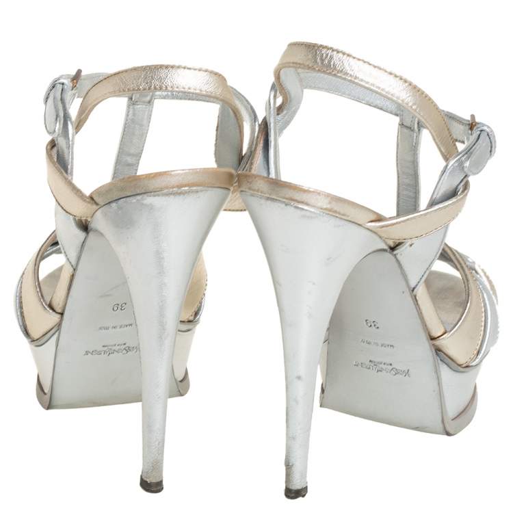 مملوكة مسبقًا Yves Saint Laurent Silver/Gold Leather Tribute Platform Ankle Strap Sandals Size 39