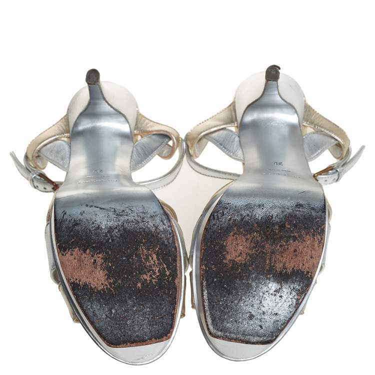 مملوكة مسبقًا Yves Saint Laurent Silver/Gold Leather Tribute Platform Ankle Strap Sandals Size 39