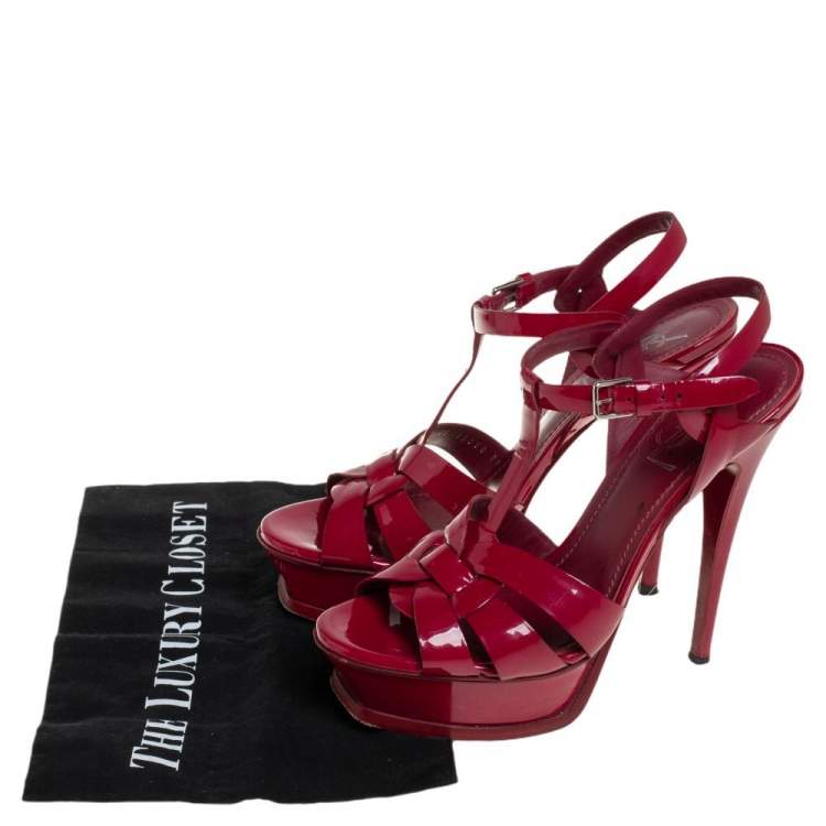 Pre Owned Yves Saint Laurent Burgundy Patent Leather Tribute Platform Sandals Size 37.5