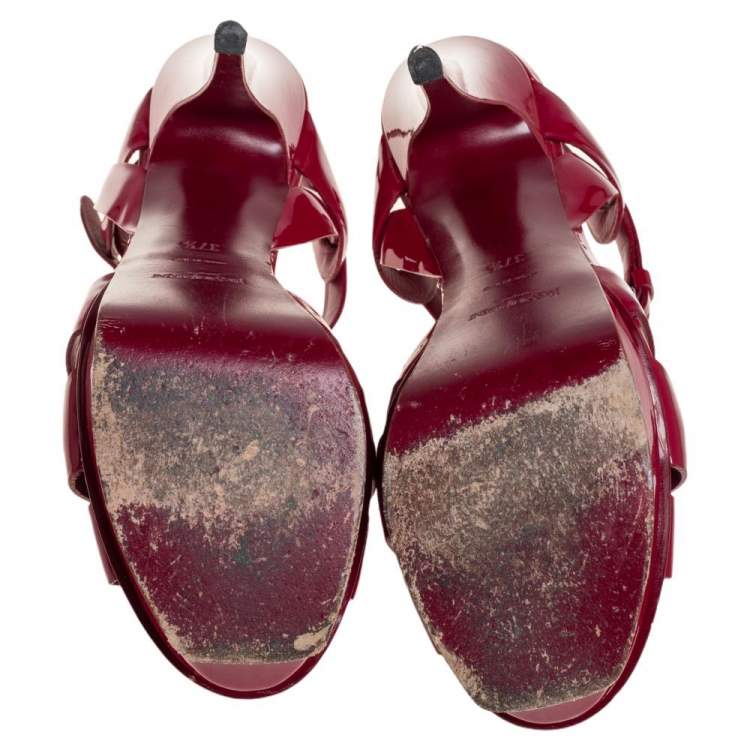 Pre Owned Yves Saint Laurent Burgundy Patent Leather Tribute Platform Sandals Size 37.5