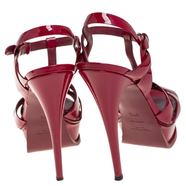 Pre Owned Yves Saint Laurent Burgundy Patent Leather Tribute Platform Sandals Size 37.5