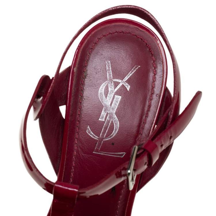 Pre Owned Yves Saint Laurent Burgundy Patent Leather Tribute Platform Sandals Size 37.5