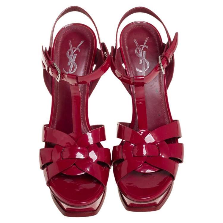 Pre Owned Yves Saint Laurent Burgundy Patent Leather Tribute Platform Sandals Size 37.5