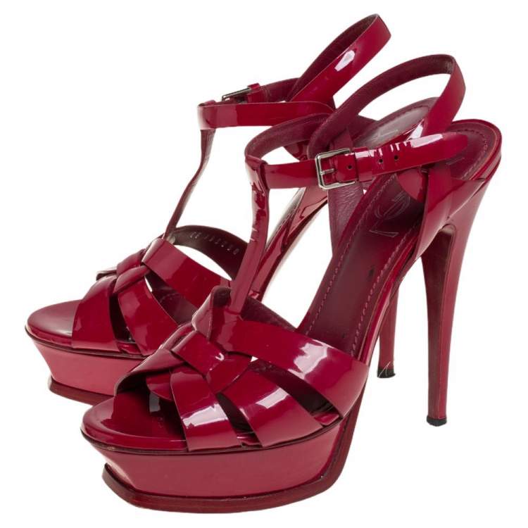 Pre Owned Yves Saint Laurent Burgundy Patent Leather Tribute Platform Sandals Size 37.5