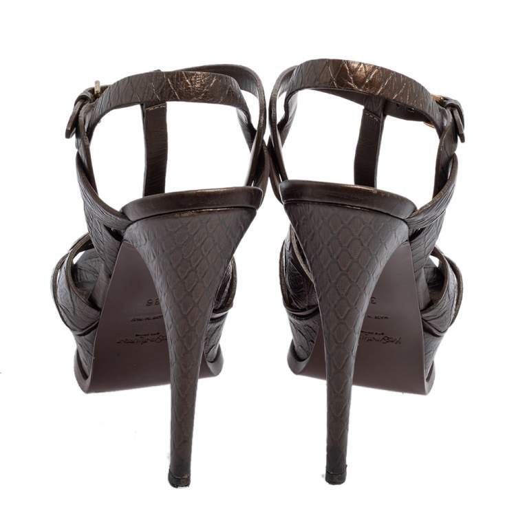 مملوكة مسبقًا Yves Saint Laurent Brown Textured Leather Tribute Platform Ankle Strap Sandals Size 36