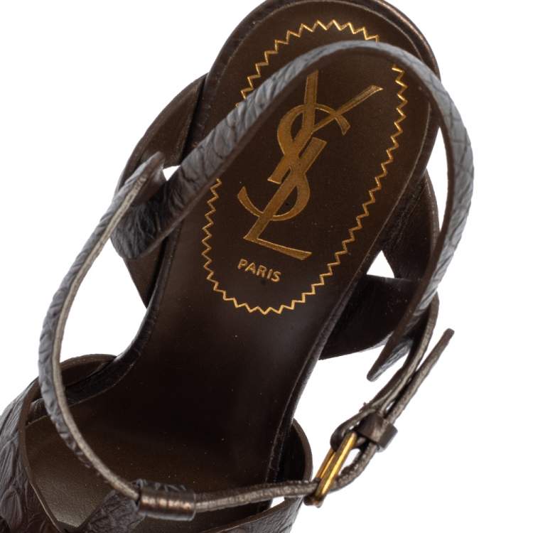 مملوكة مسبقًا Yves Saint Laurent Brown Textured Leather Tribute Platform Ankle Strap Sandals Size 36