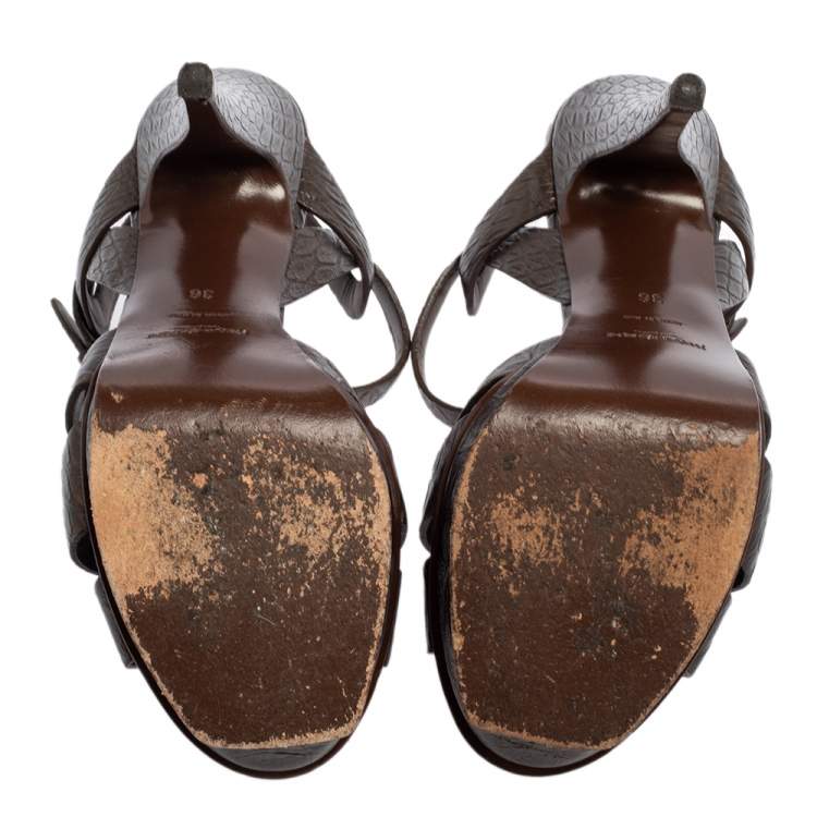 مملوكة مسبقًا Yves Saint Laurent Brown Textured Leather Tribute Platform Ankle Strap Sandals Size 36