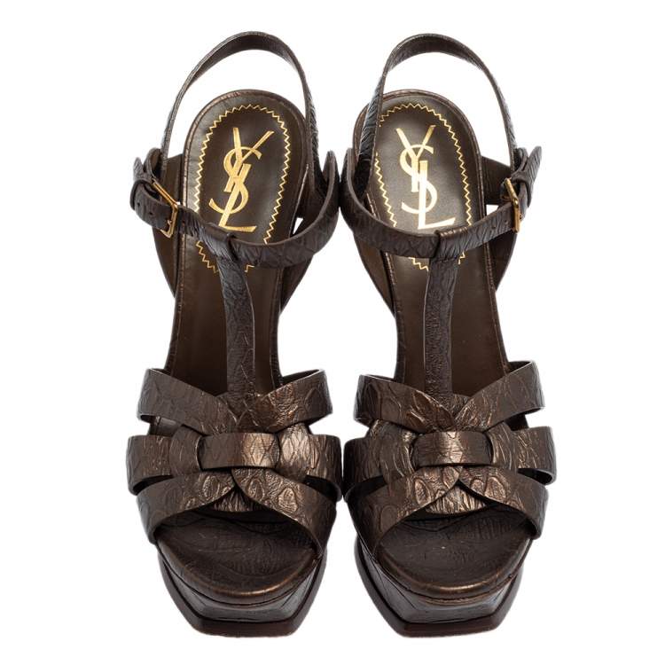 مملوكة مسبقًا Yves Saint Laurent Brown Textured Leather Tribute Platform Ankle Strap Sandals Size 36