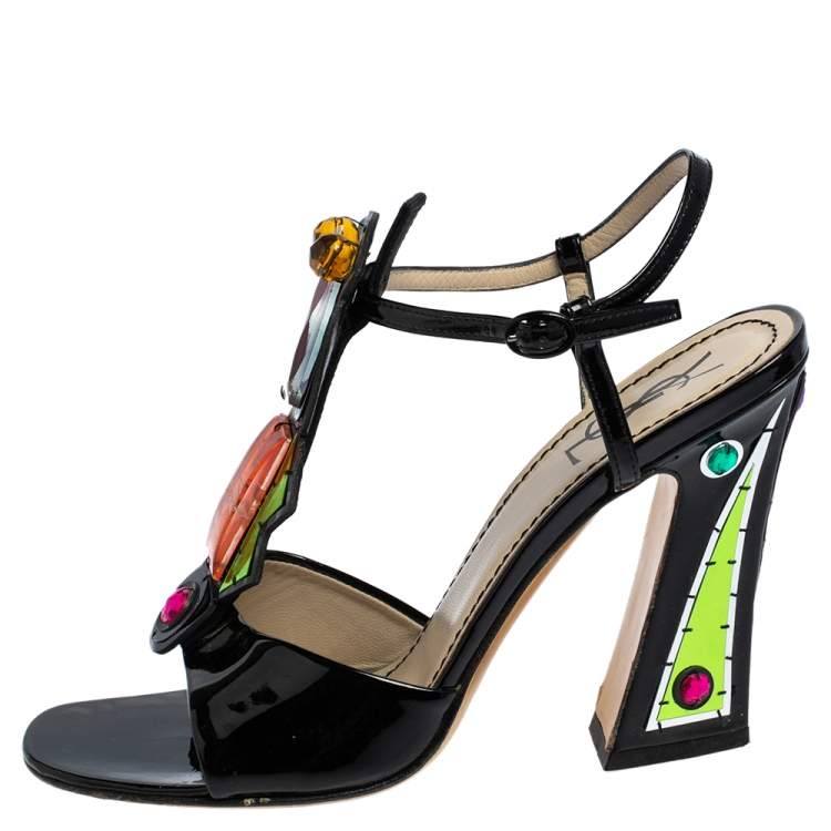 Pre Owned Yves Saint Laurent Multicolor Patent Leather Embellished T Strap Sandals Size 38