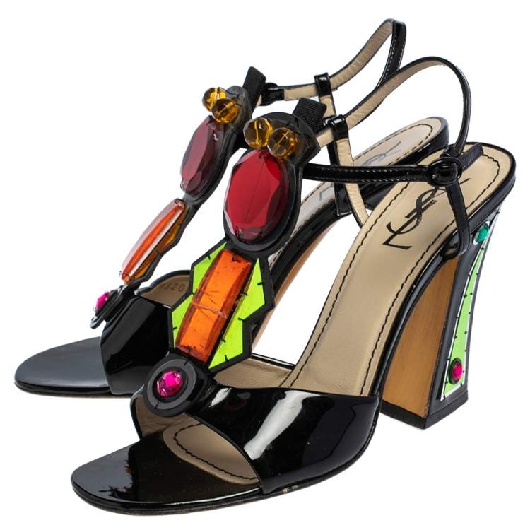 Pre Owned Yves Saint Laurent Multicolor Patent Leather Embellished T Strap Sandals Size 38