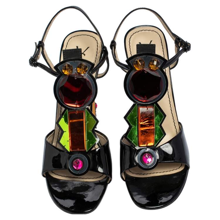 Pre Owned Yves Saint Laurent Multicolor Patent Leather Embellished T Strap Sandals Size 38