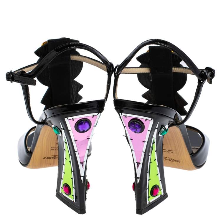 Pre Owned Yves Saint Laurent Multicolor Patent Leather Embellished T Strap Sandals Size 38