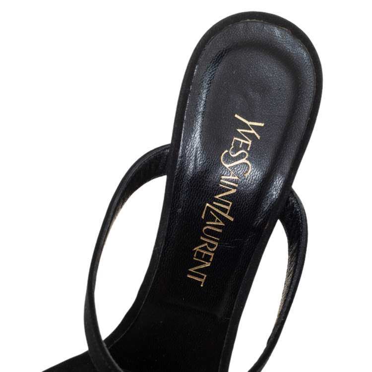 Pre Owned Saint Laurent Black Satin Wedge Slide Sandals Size 38