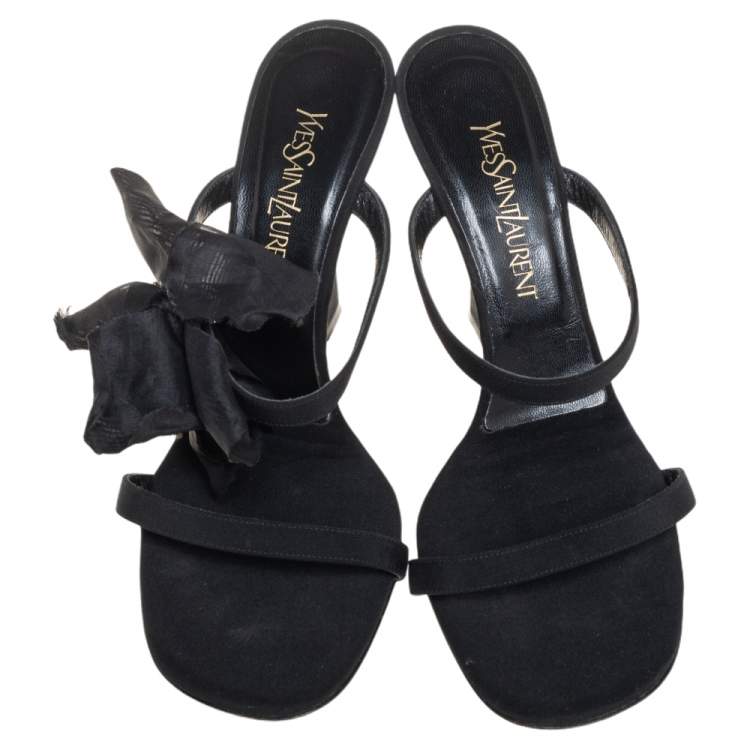 Pre Owned Saint Laurent Black Satin Wedge Slide Sandals Size 38