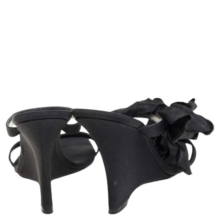Pre Owned Saint Laurent Black Satin Wedge Slide Sandals Size 38