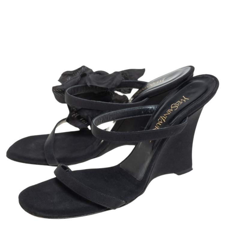 Pre Owned Saint Laurent Black Satin Wedge Slide Sandals Size 38